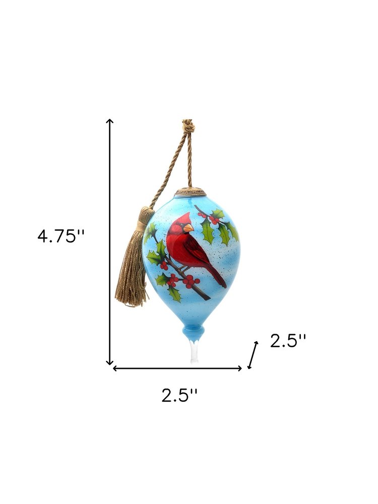 Red Cardinal on Christmas Holly Branches Hand Painted Mouth Blown Glass Ornament