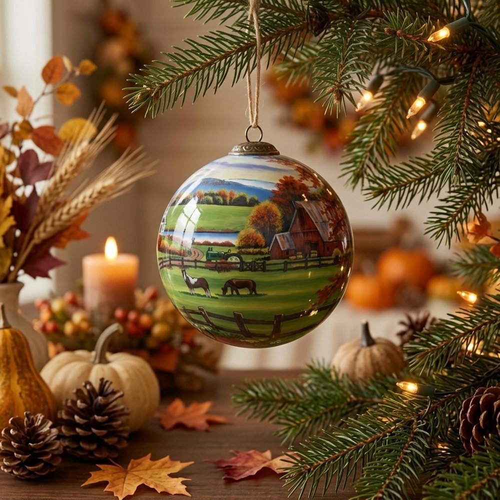 Farm in the Fall Scenery Hand Painted Mouth Blown Glass Ornament