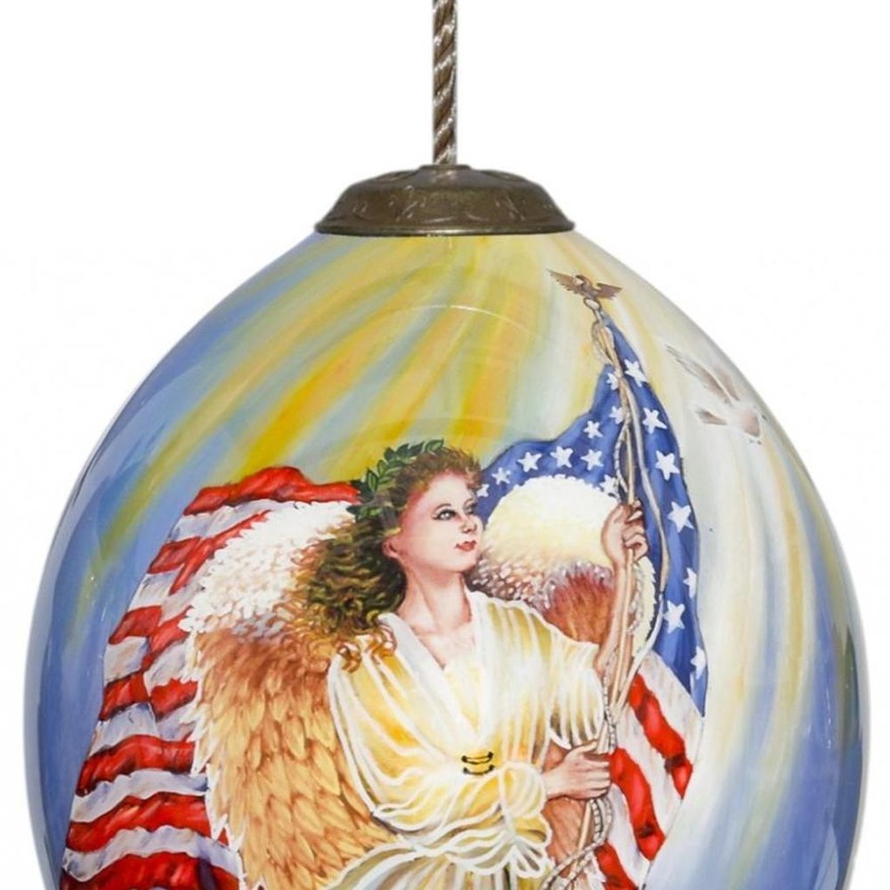 American Flag Angel Hand Painted Mouth Blown Glass Ornament