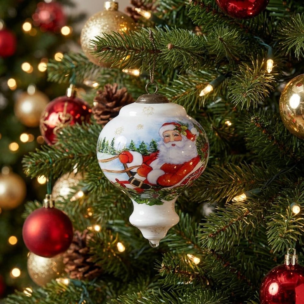 Santa Riding a Sleigh Hand Painted Mouth Blown Glass Ornament