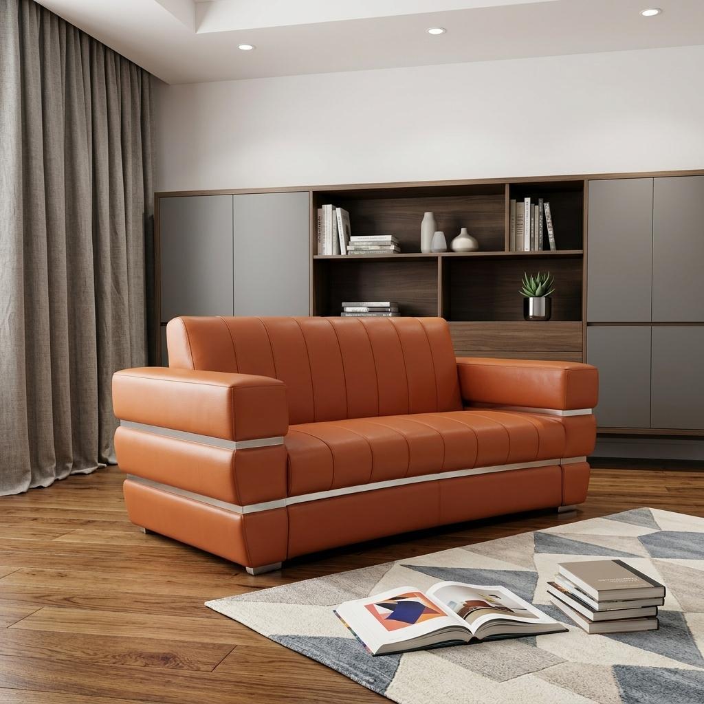 75" Camel And Silver Italian Leather Loveseat
