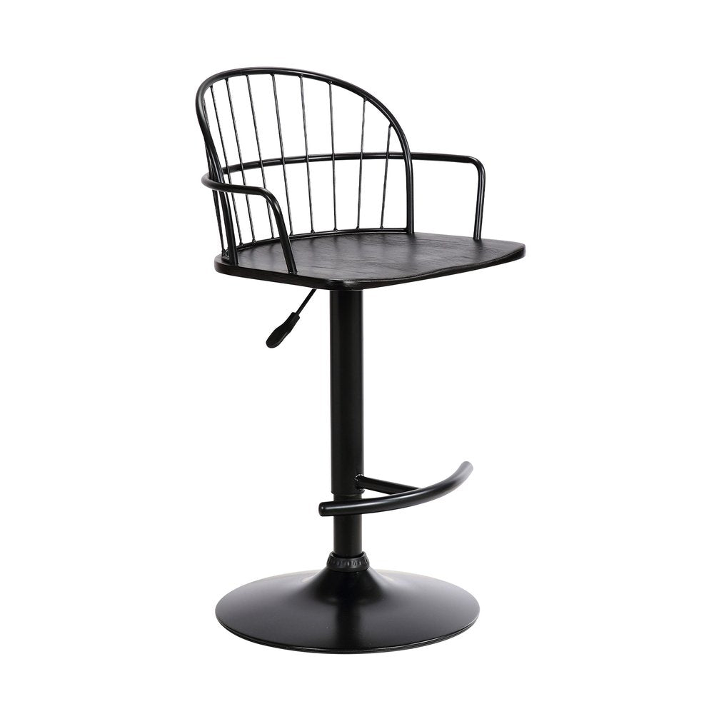 Black Solid Wood And Iron Low Back Adjustable Height Bar Chair