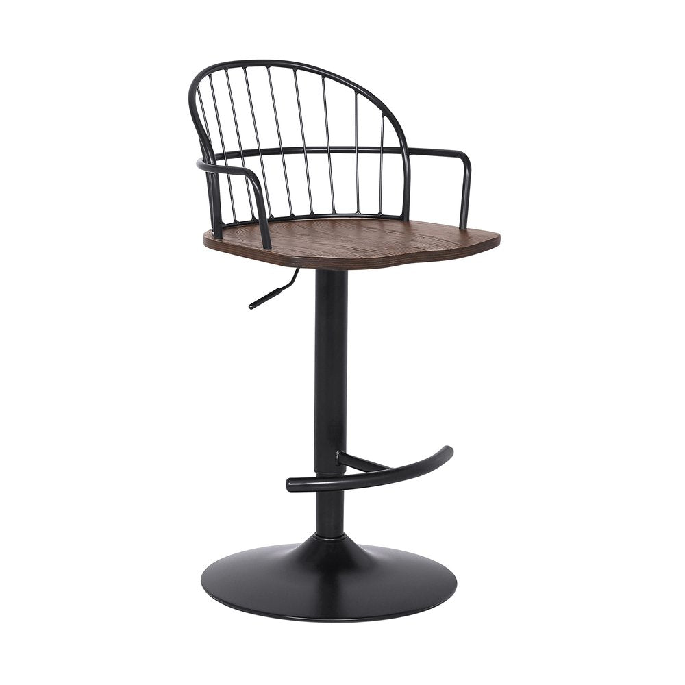 Brown And Black Solid Wood And Iron Low Back Adjustable Height Bar Chair