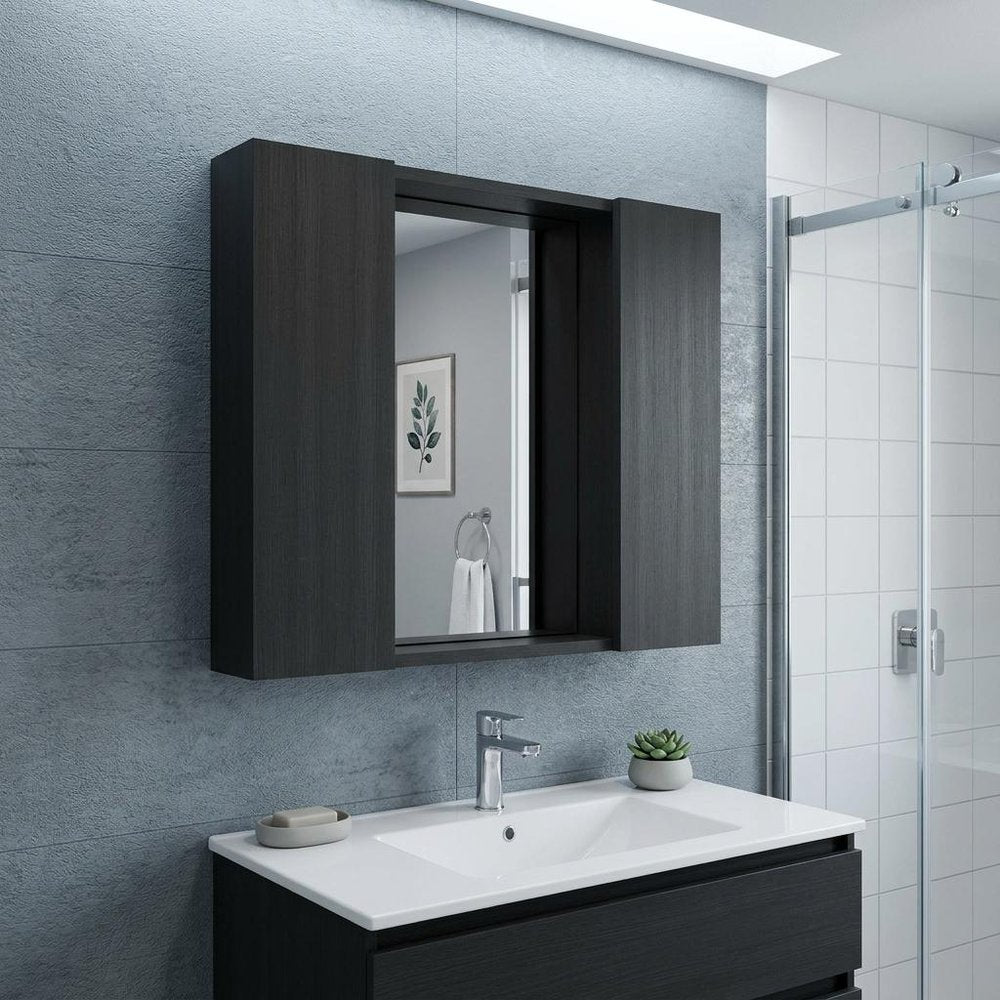 24" Black Wood Floating Double Door Bathroom Vanity And Medicine Cabinet With Mirror