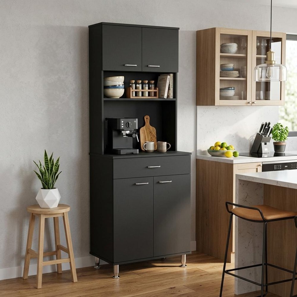 67" Black Wood Four Door Pantry Or Storage Closet