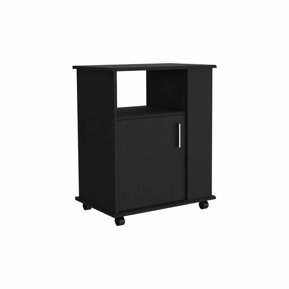24" Black Wood Flat Door Rolling Kitchen Cart With Storage