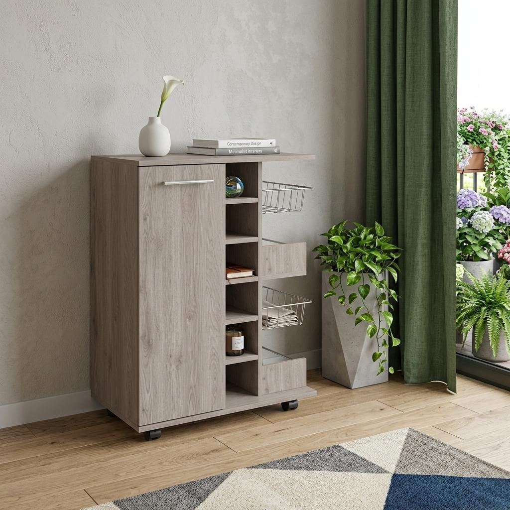 Light Gray Rolling Bar Cart With Wine Storage