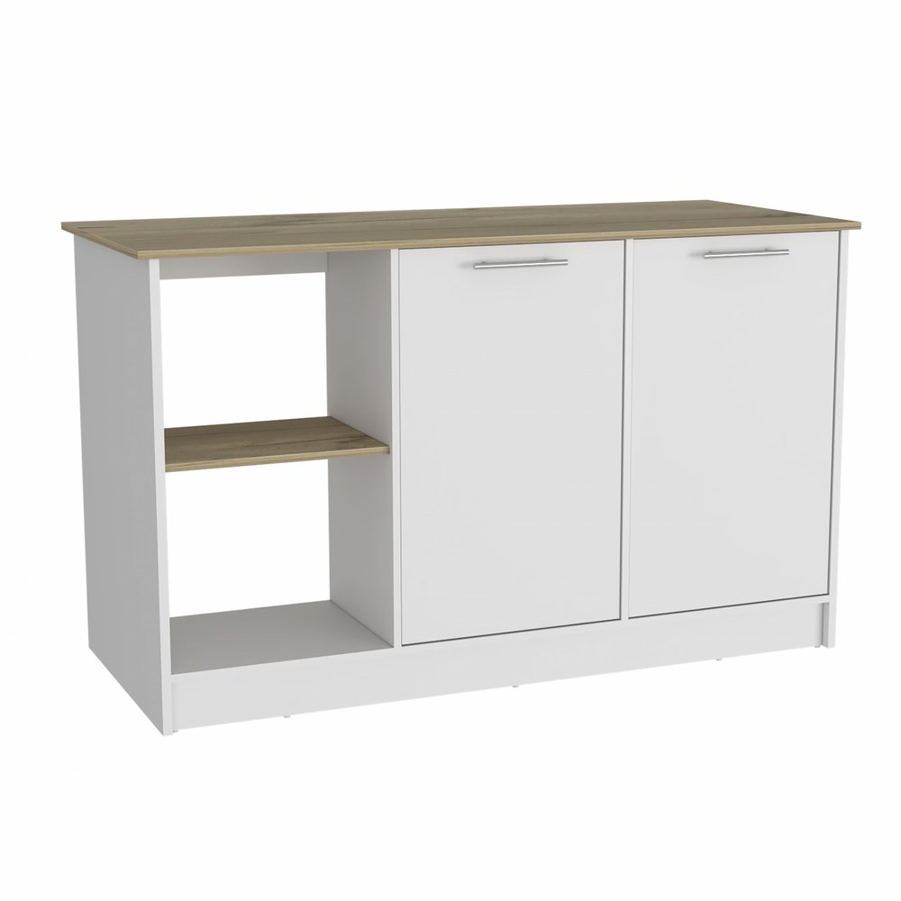 White and Brown 59" Kitchen Island With Storage