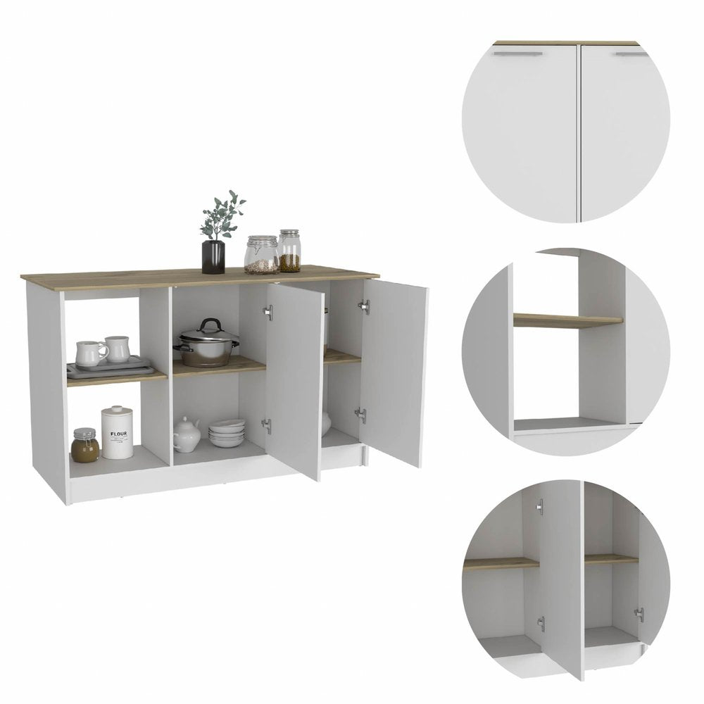 White and Brown 59" Kitchen Island With Storage
