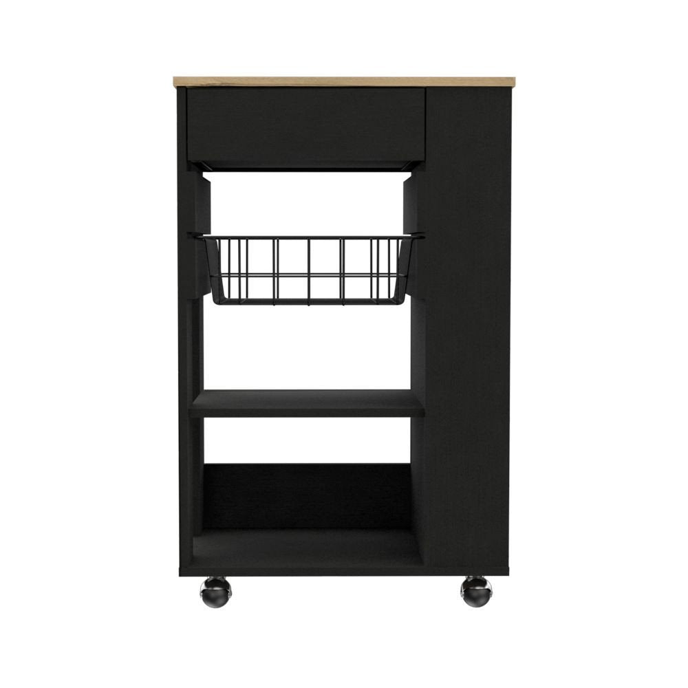 Black and Natural 22" Rolling Kitchen Cart With Storage