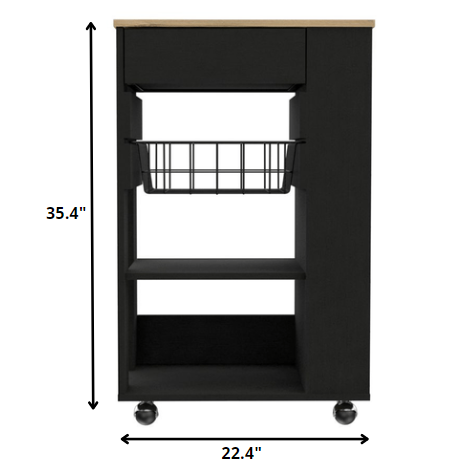 Black and Natural 22" Rolling Kitchen Cart With Storage