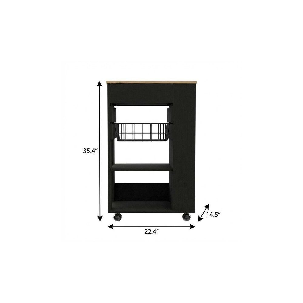 Black and Natural 22" Rolling Kitchen Cart With Storage