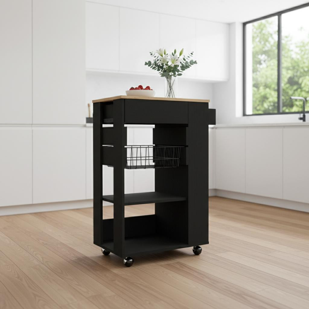 22" Natural And Black Wood Rolling Kitchen Cart With Storage