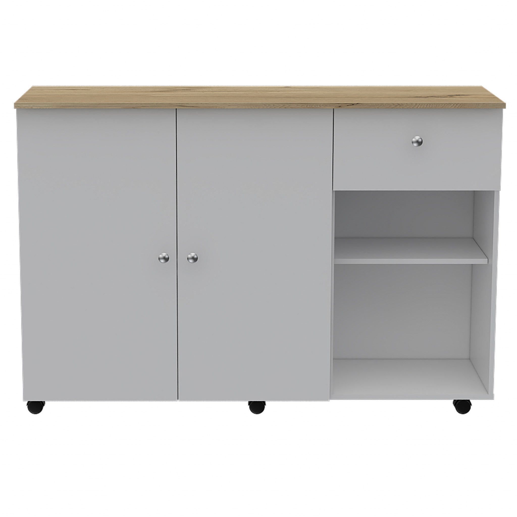 54" Natural and White Wood Flat Door Rolling Kitchen Island With Storage