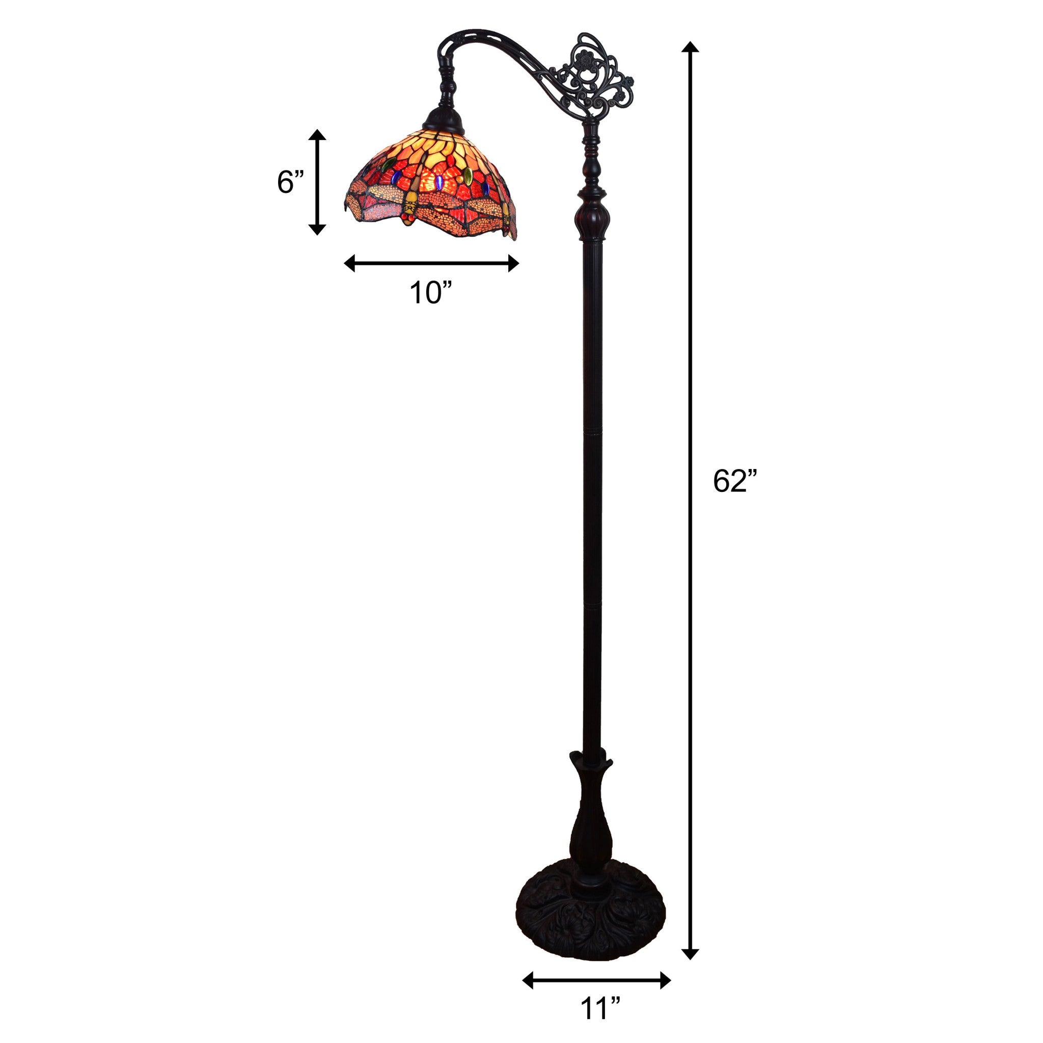 61" Black And Red Torchiere Floor Lamp With Red Dragonfly Glass Dome Shade