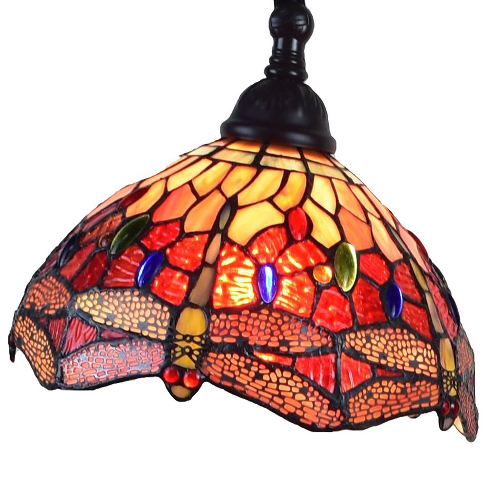 61" Black And Red Torchiere Floor Lamp With Red Dragonfly Glass Dome Shade