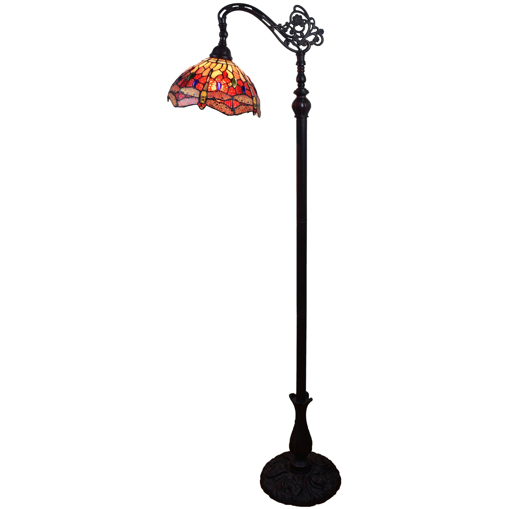 61" Black And Red Torchiere Floor Lamp With Red Dragonfly Glass Dome Shade