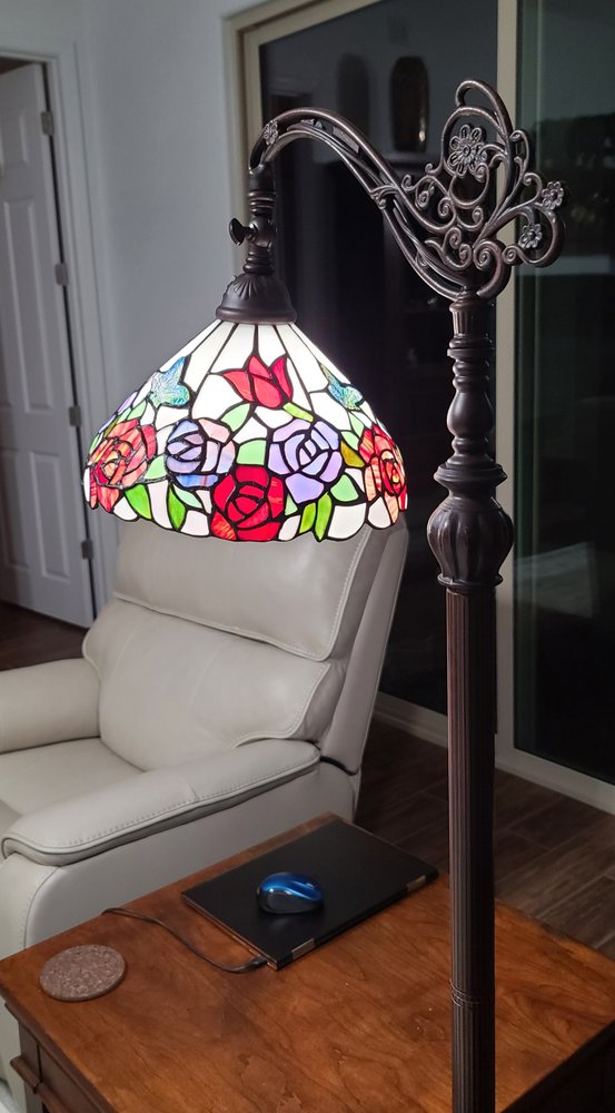 62" Espresso Metal Torchiere Floor Lamp With Green And White Flowers Glass Dome Shade