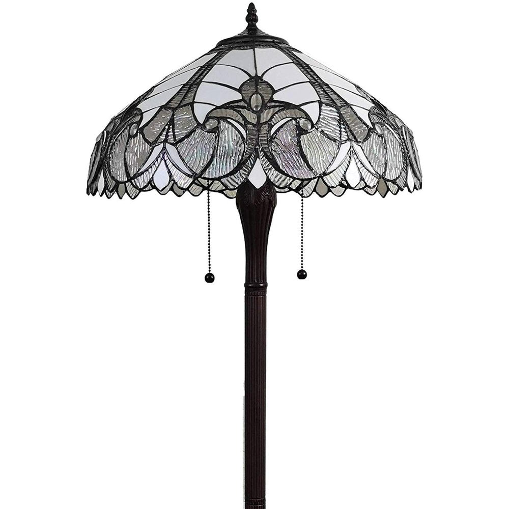 62" Dark Brown Two Light Torchiere Floor Lamp With White Fleur de Lis Glass Dome Shade