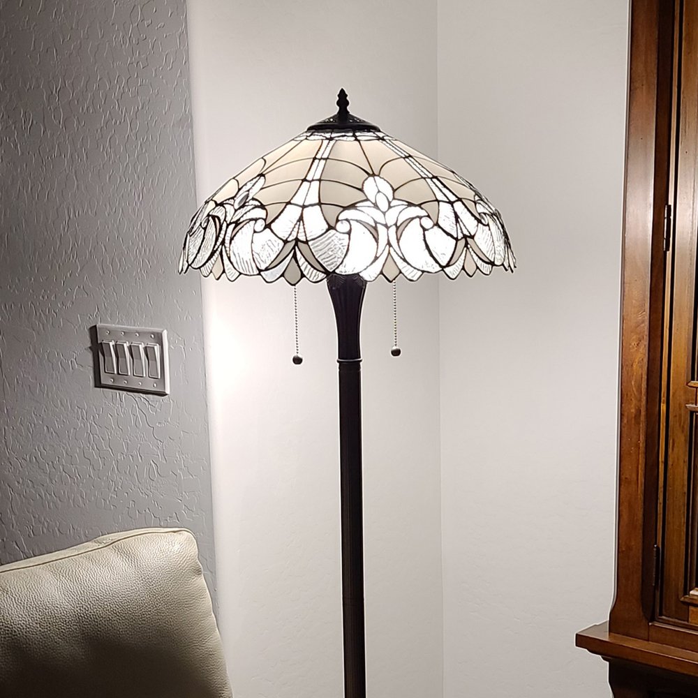 62" Dark Brown Two Light Torchiere Floor Lamp With White Fleur de Lis Glass Dome Shade