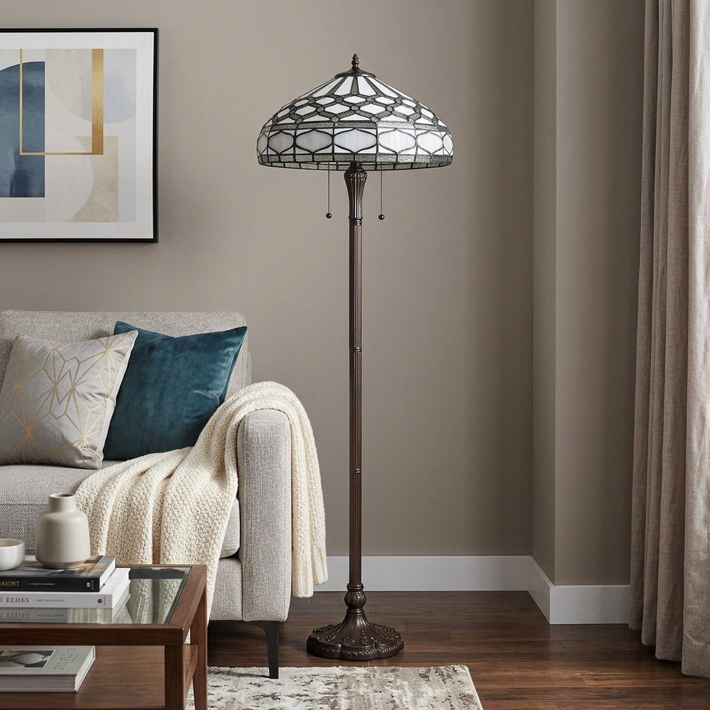 62" Brown And White Two Light Torchiere Floor Lamp With White Geometric Glass Dome Shade