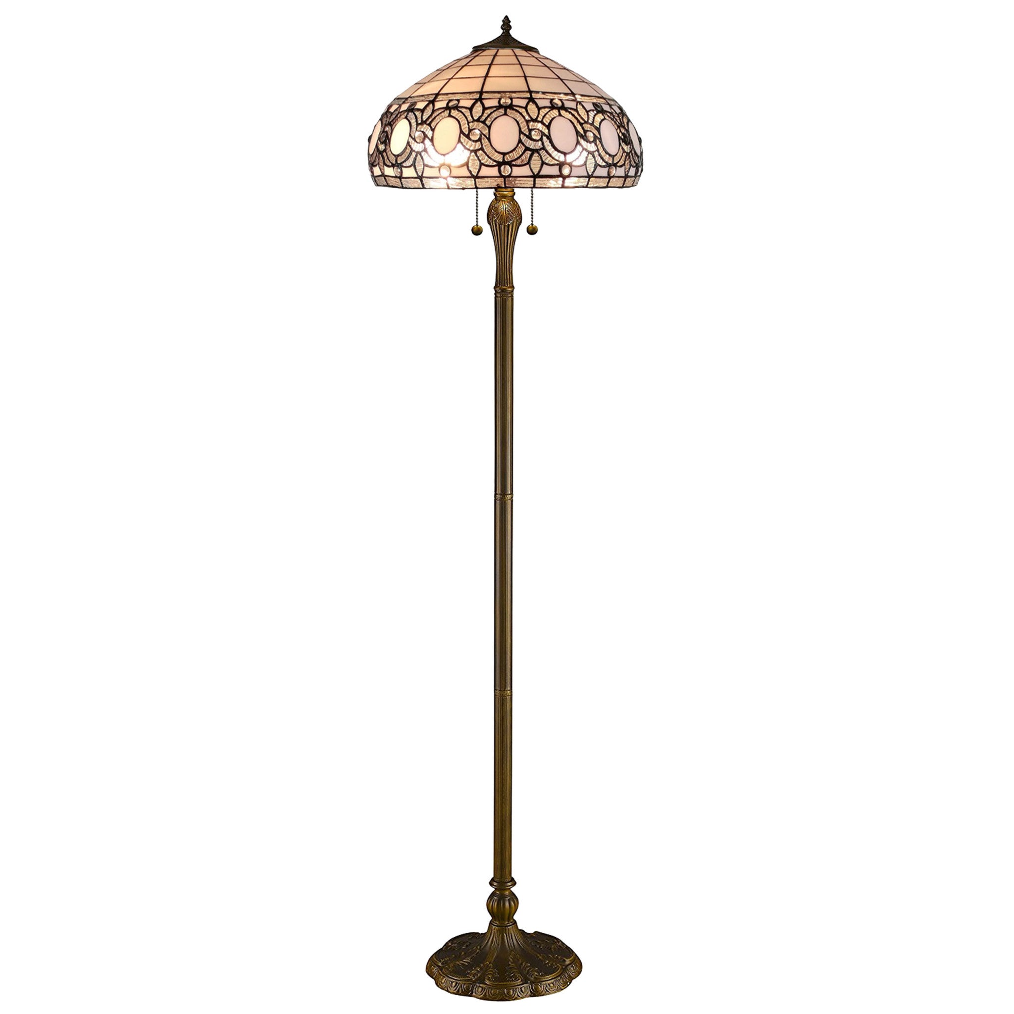 63" Brown Two Light Traditional Shaped Floor Lamp With White Stained Glass Bowl Shade
