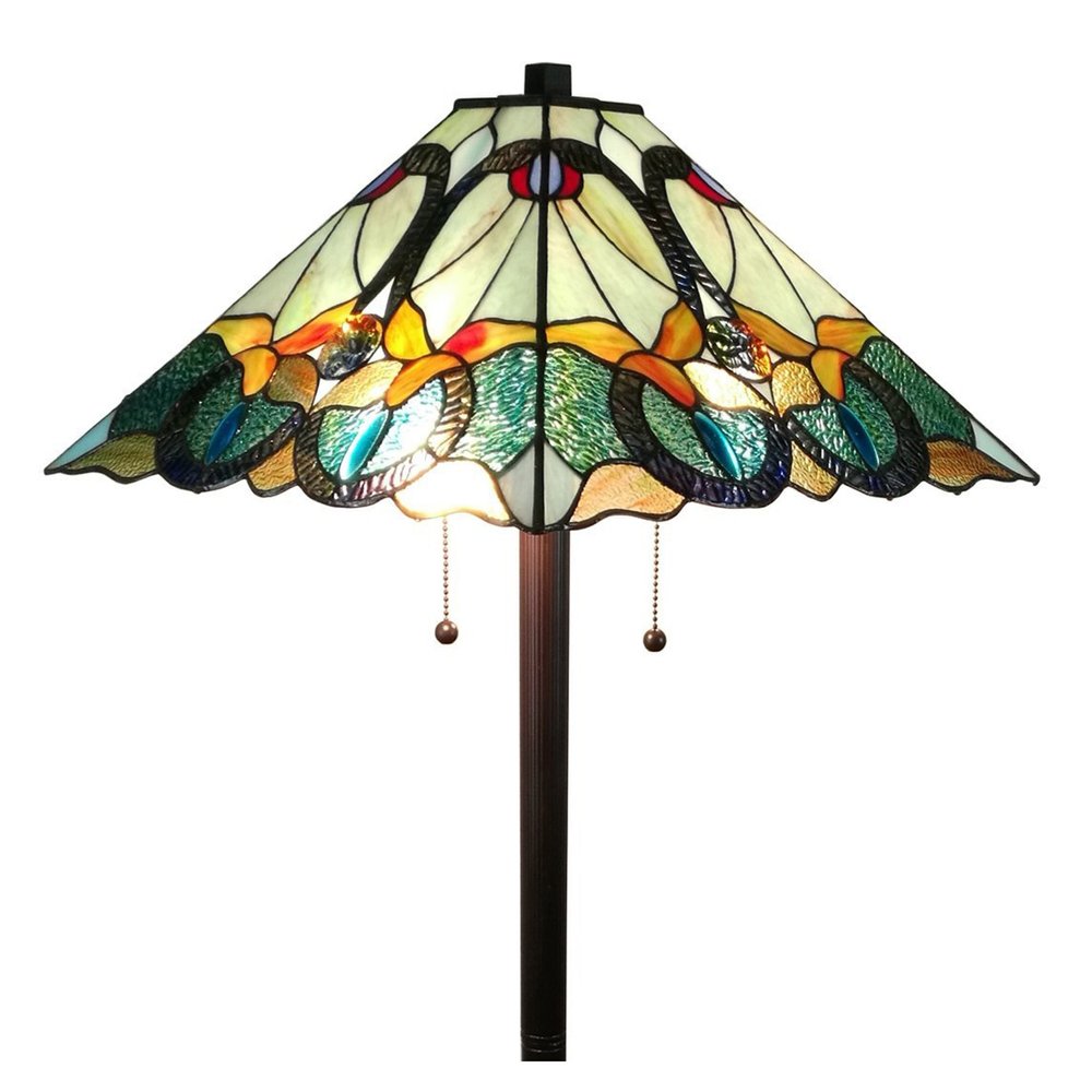 62" Espresso Two Light Torchiere Floor Lamp With Blue Flowers Glass Cone Shade