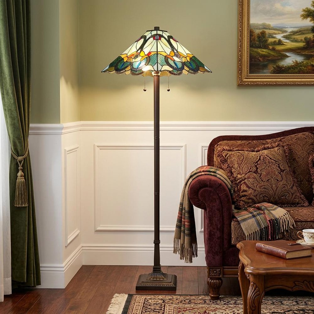 62" Espresso Two Light Torchiere Floor Lamp With Blue Flowers Glass Cone Shade