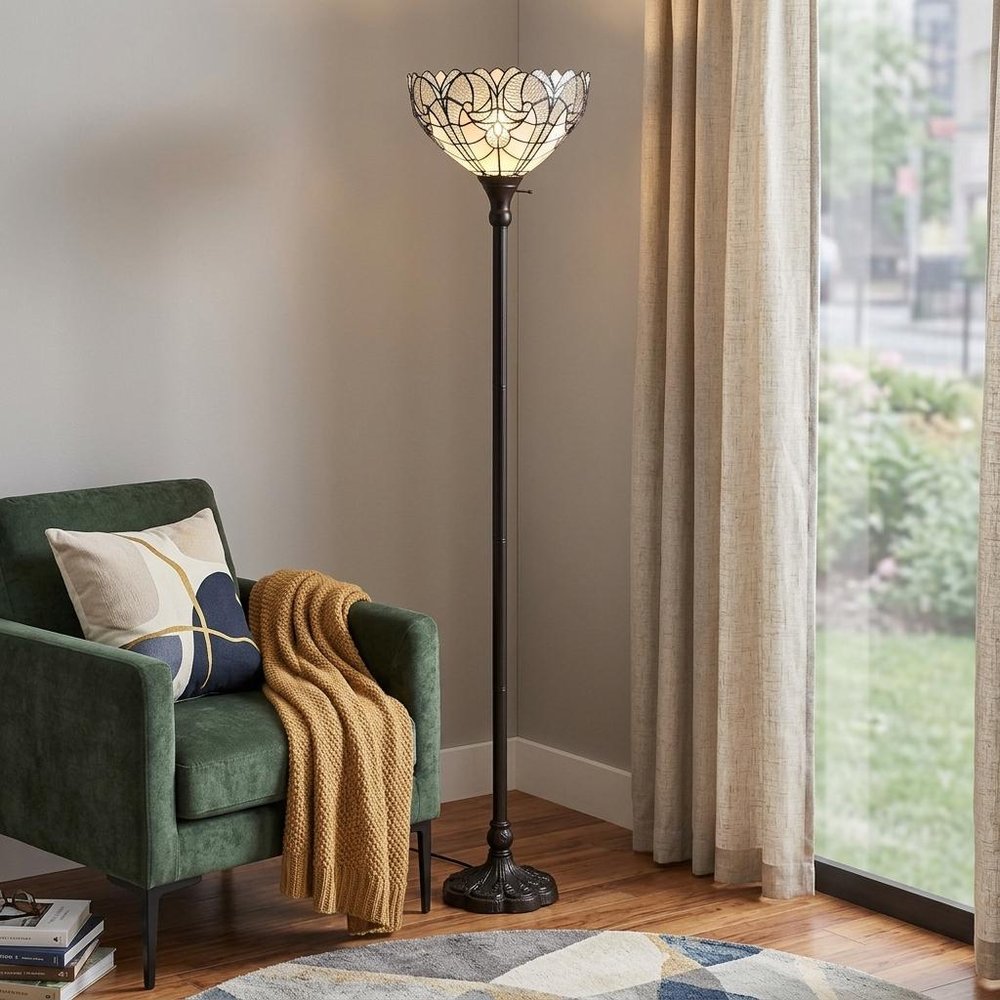 62" Brown Torchiere Floor Lamp With White Tiffany Style Glass Dome Shade