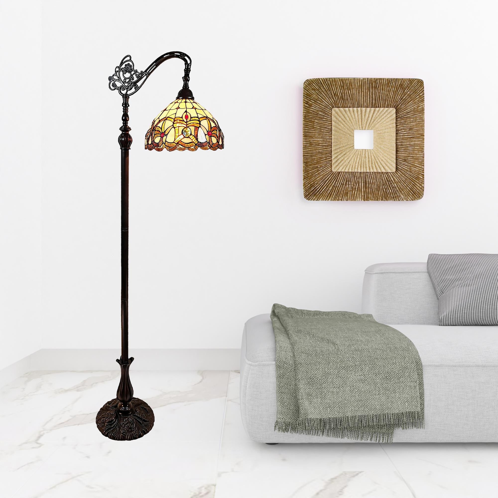 62" Brown Metal Arched Floor Lamp With Amber and Red Flowers Stained Glass Shade