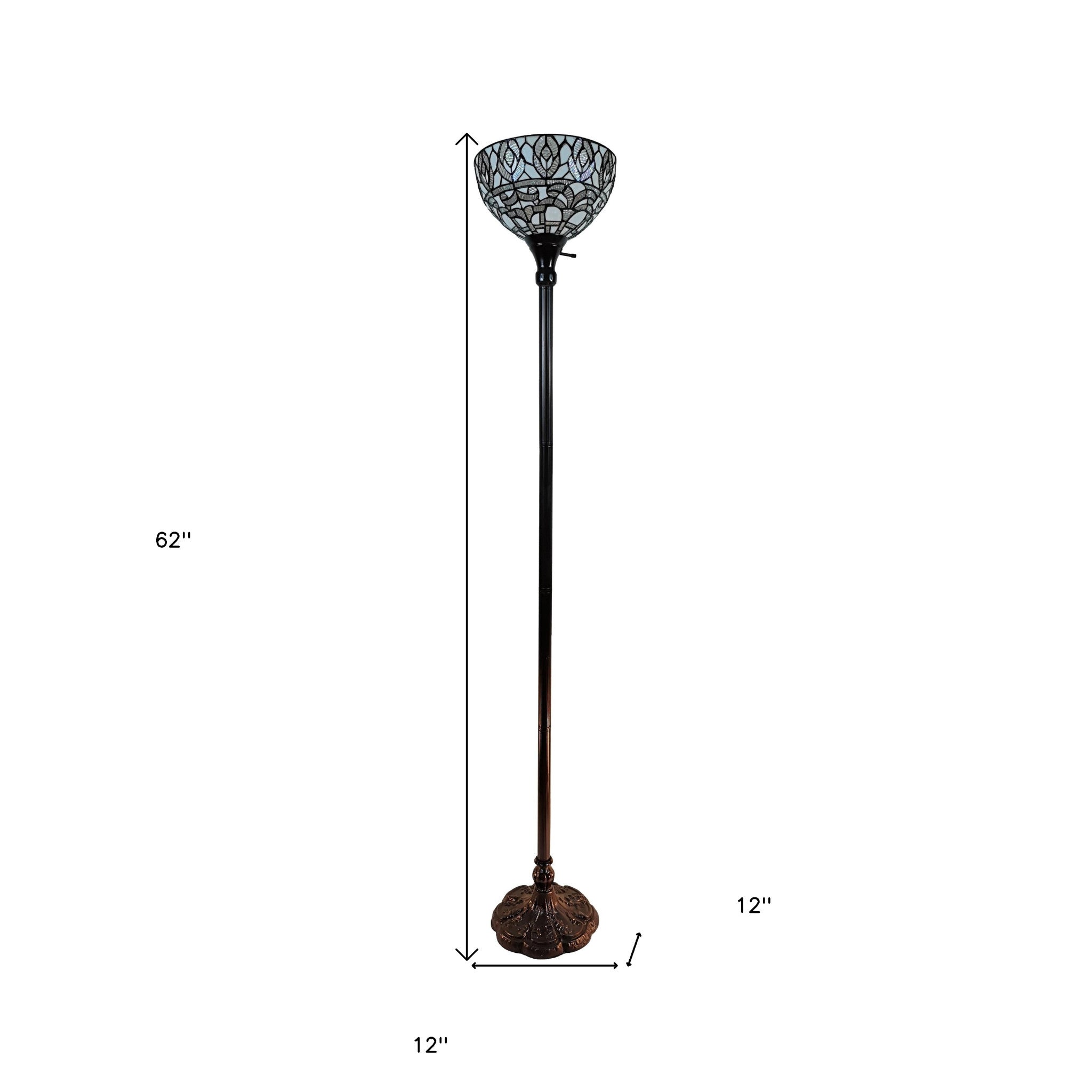 62" Brown And White Torchiere Floor Lamp With White Peacock Feather Glass Dome Shade