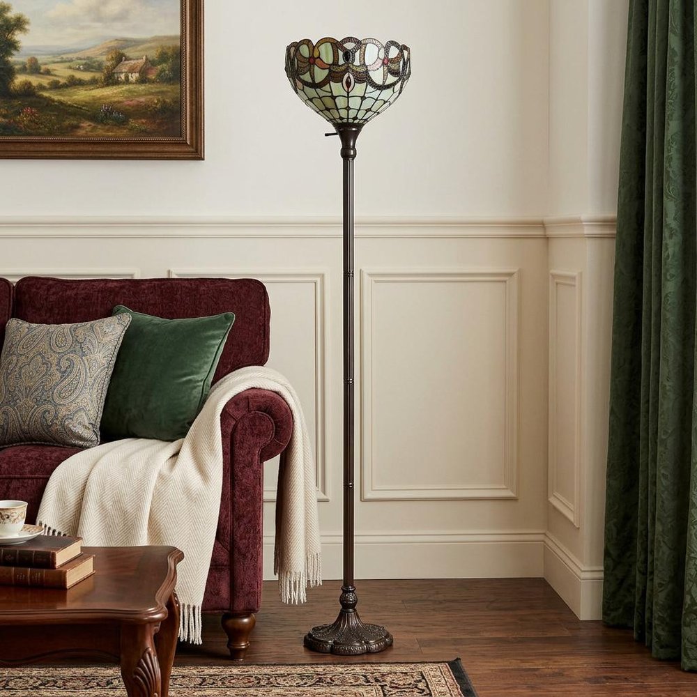 62" Beige Torchiere Floor Lamp With Red And White Flowers Glass Dome Shade