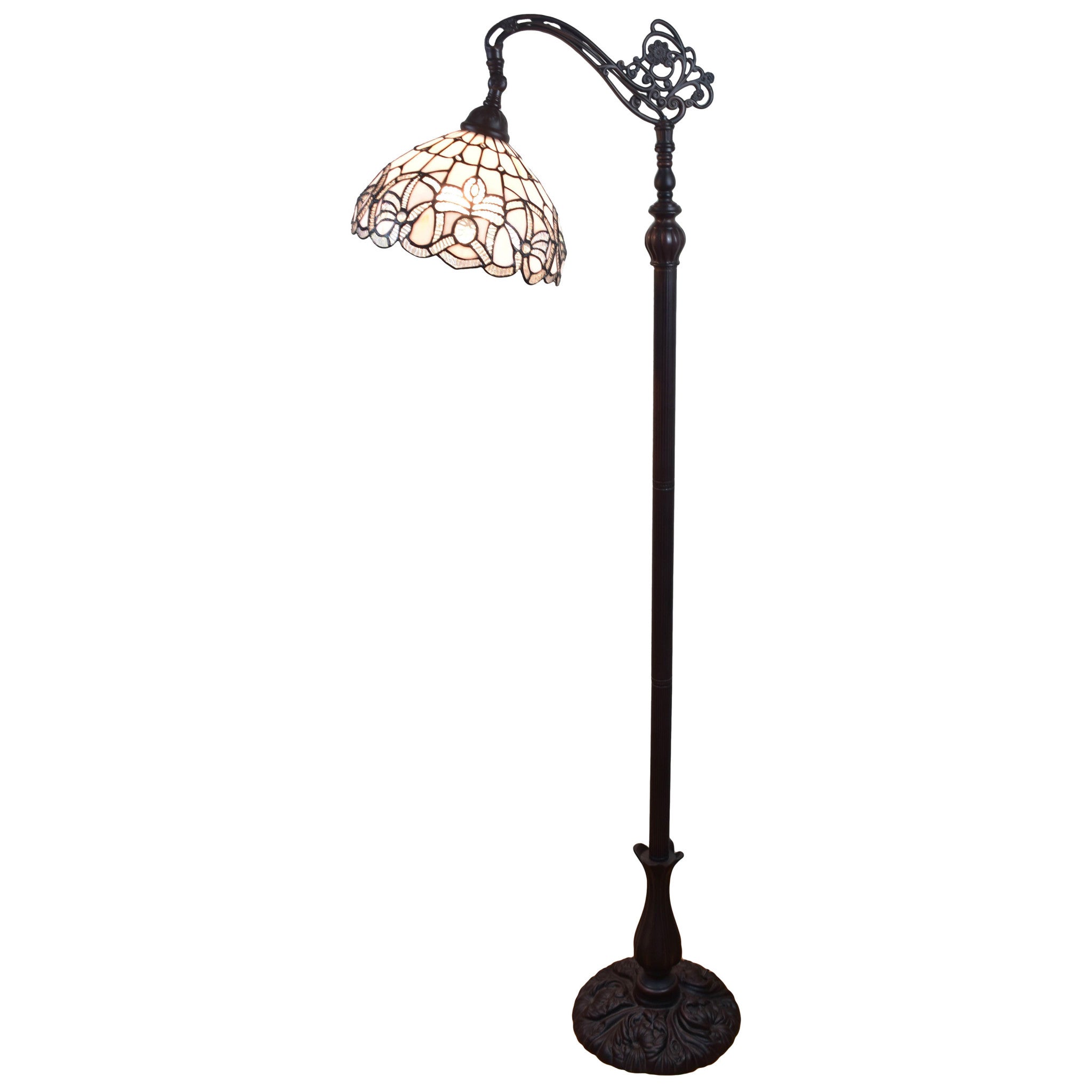 62" Brown And White Torchiere Floor Lamp With White Flowers Glass Dome Shade