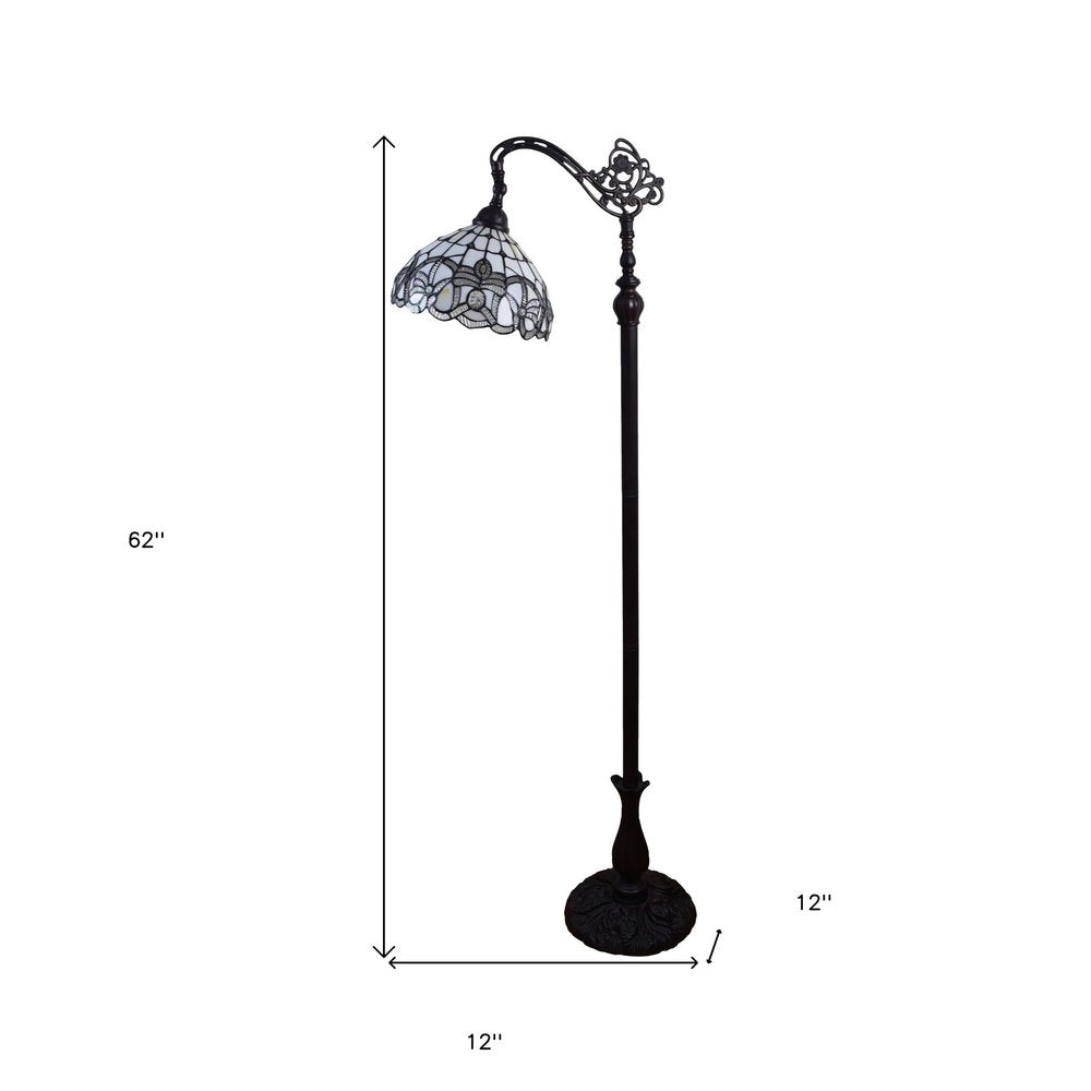 62" Brown And White Torchiere Floor Lamp With White Flowers Glass Dome Shade