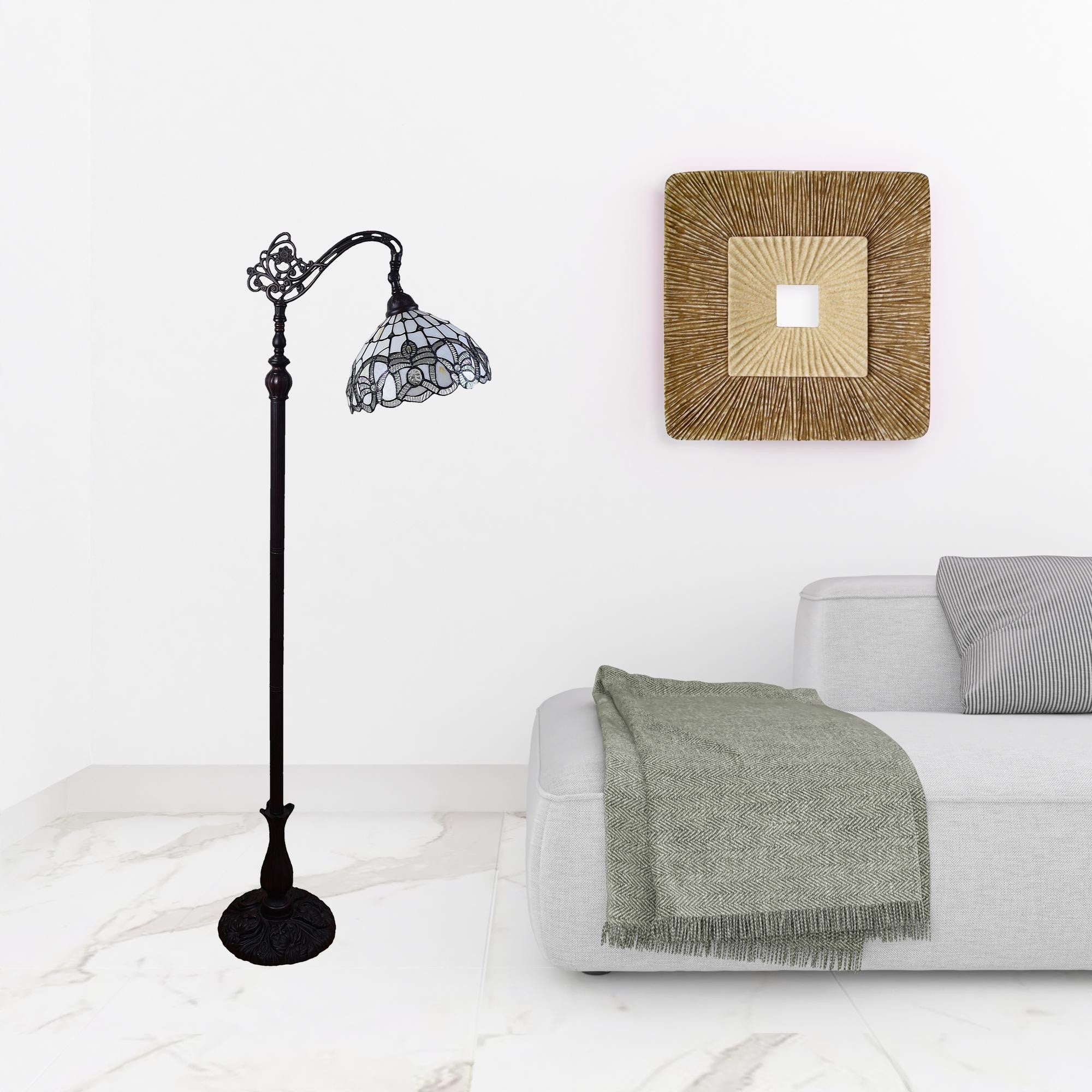 62" Brown And White Torchiere Floor Lamp With White Flowers Glass Dome Shade