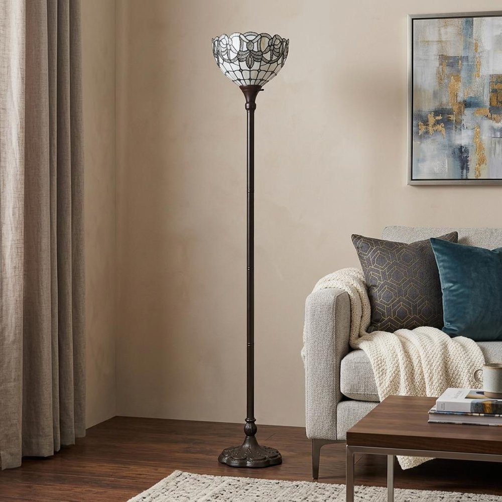 72" Brown And White Torchiere Floor Lamp With White Flowers Glass Dome Shade