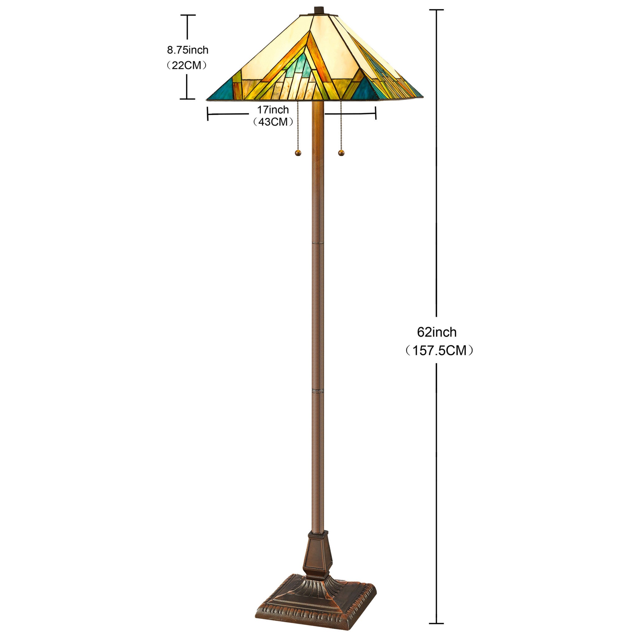 62" Two Light Tiffany Style Floor Lamp With Amber Blue And Green Stained Glass Shade