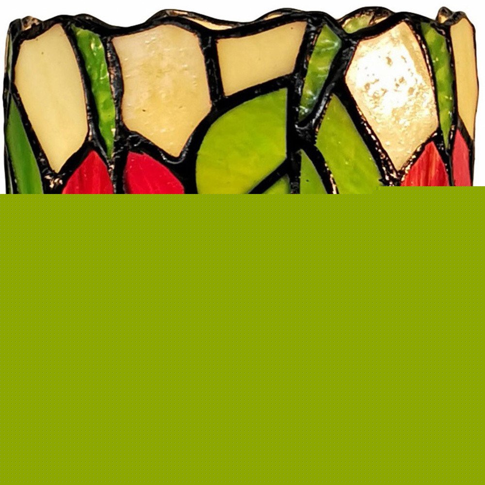 14" Red Green and Black Floral Stained Glass Accent Lamp