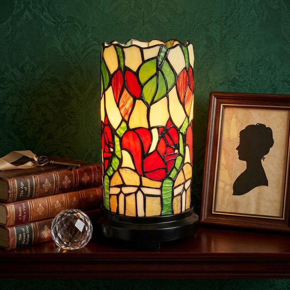 14" Red Green and Black Floral Stained Glass Accent Lamp