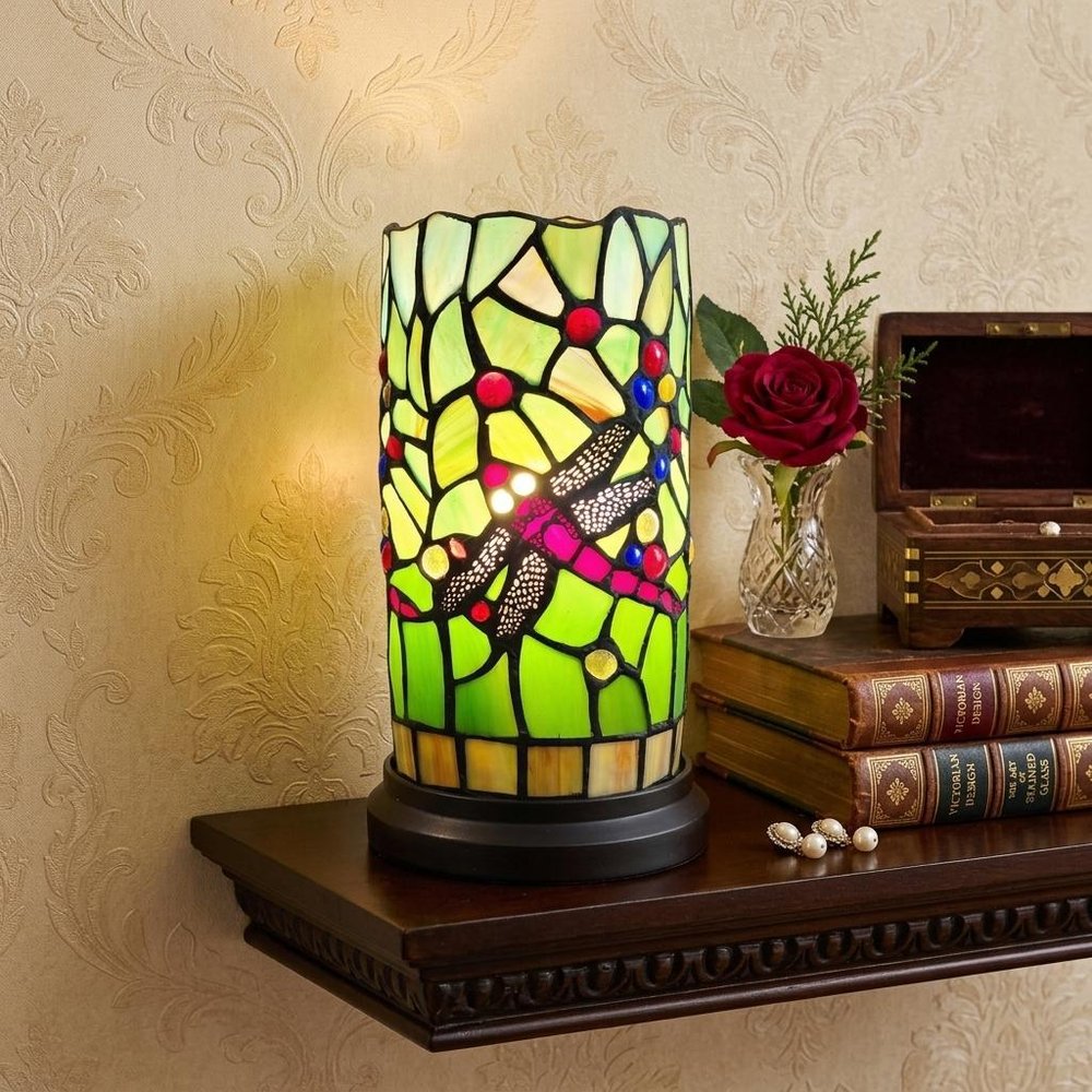 11" Green and Pink Dragonfly Stained Glass Accent Lamp