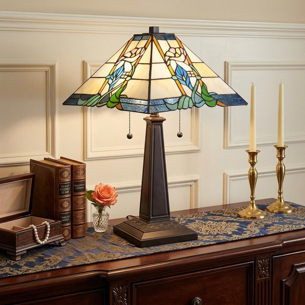 22" Dark Brown Metal Two Light Candlestick Table Lamp With Blue and Beige Shade