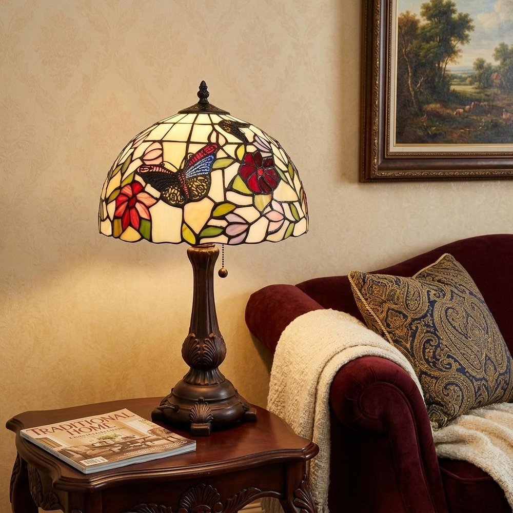 19" Dark Brown Metal Candlestick Table Lamp With Red and Black Dome Shade