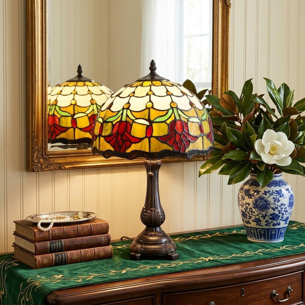 19" Dark Brown Metal Candlestick Table Lamp With Orange Dome Shade