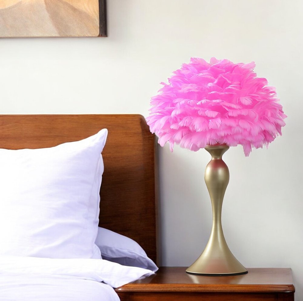 24" Glam Hot Pink Feather and Gold Table Lamp