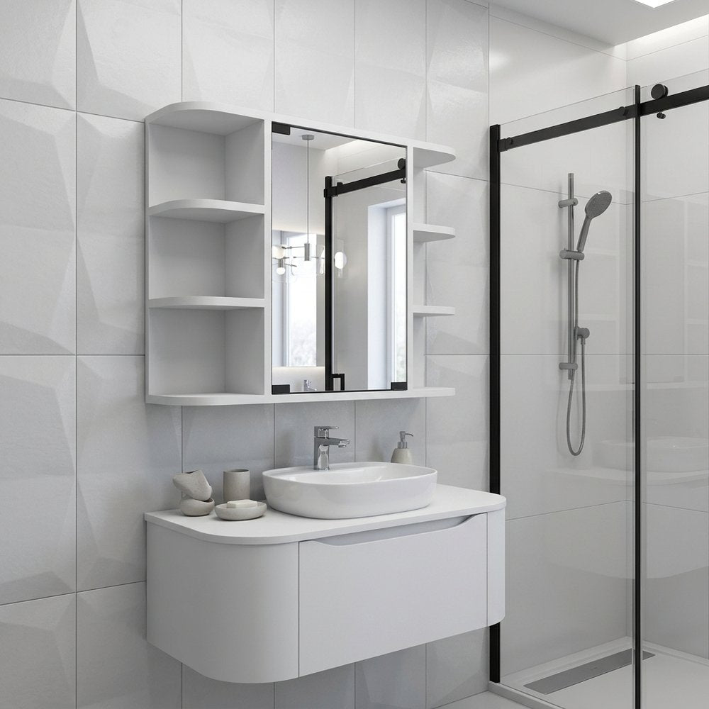 24" White Wood Floating Double Door Bathroom Vanity And Medicine Cabinet With Mirror