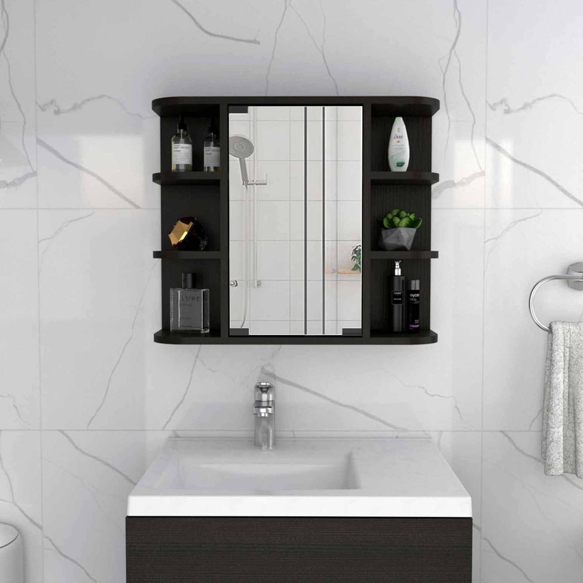 24" Black Wood Floating Double Door Bathroom Vanity And Medicine Cabinet With Mirror