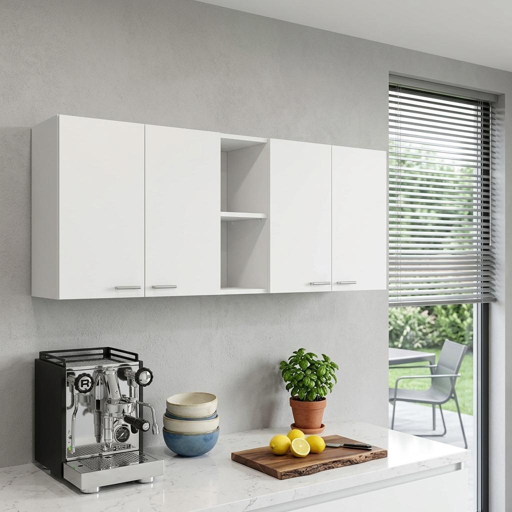 59" White Wood Wall Mounted Accent Cabinet With Four Doors