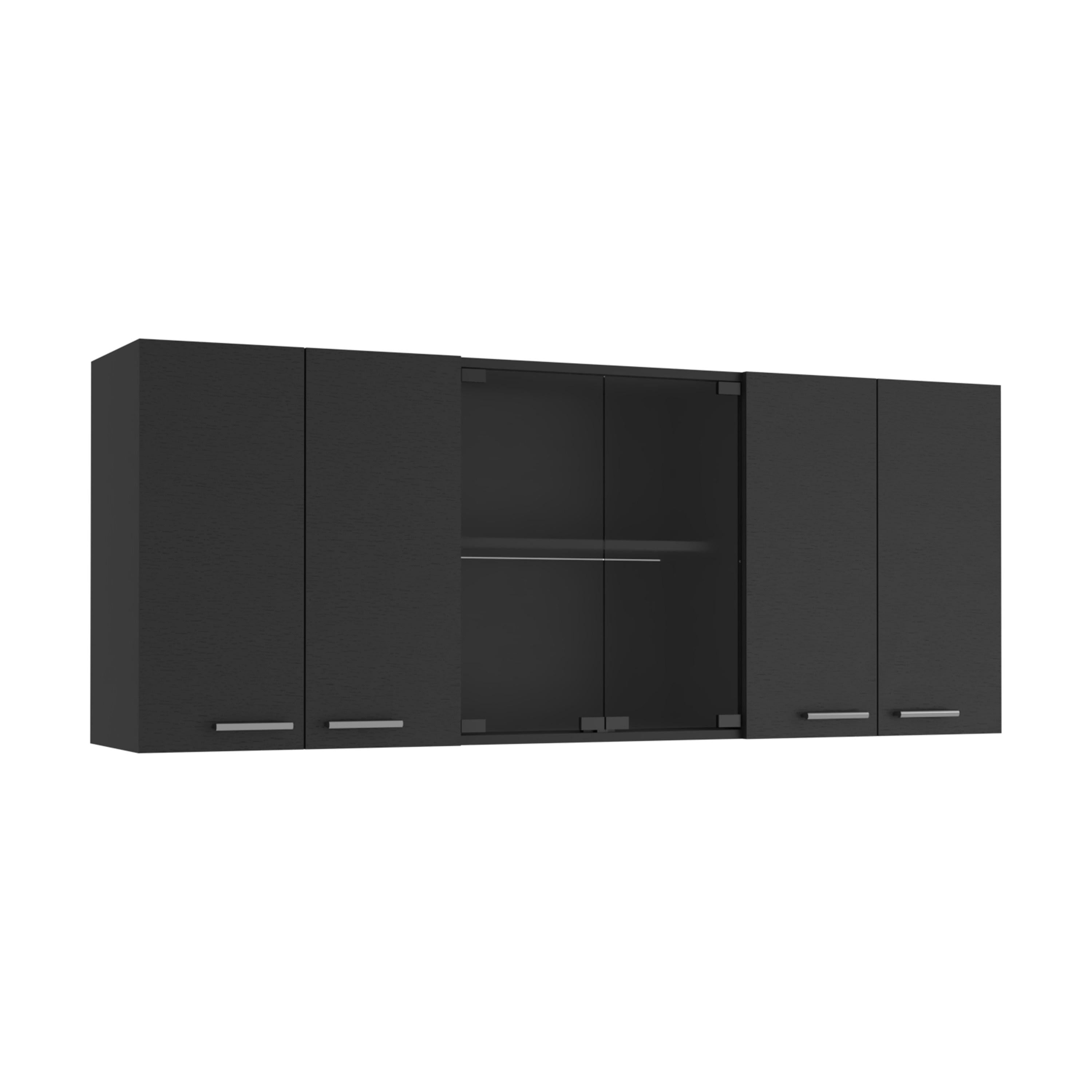 59" Black Wood Wall Mounted China Cabinet With Six Doors