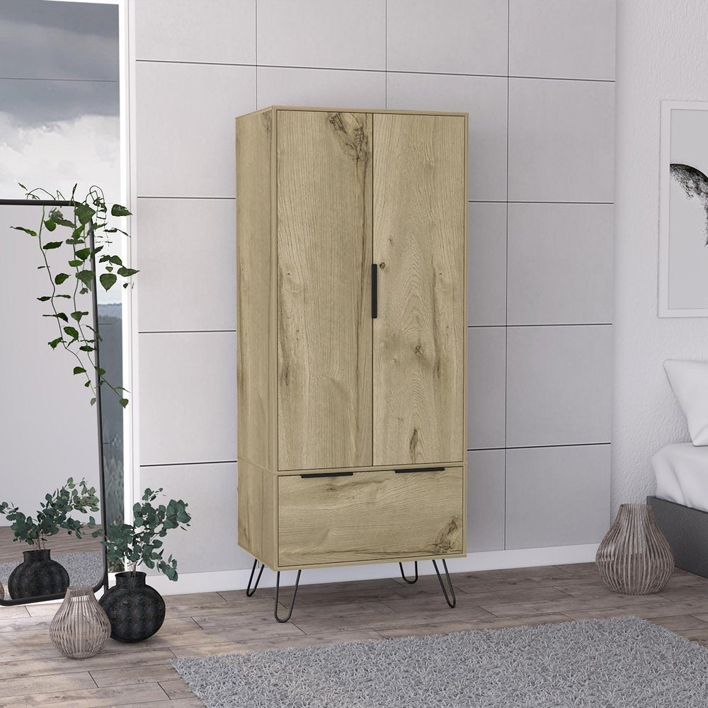 74" Oak Wood Two Door Single Drawer Combo Dresser