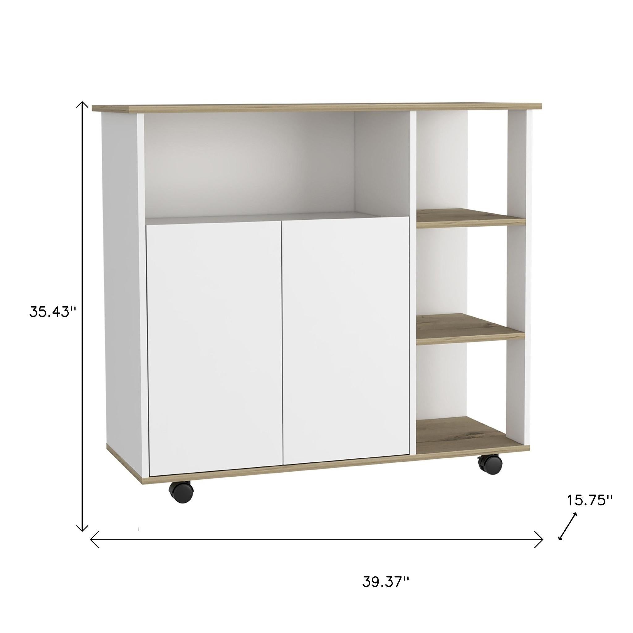 39" Oak and White Wood Rolling Kitchen Island With Storage